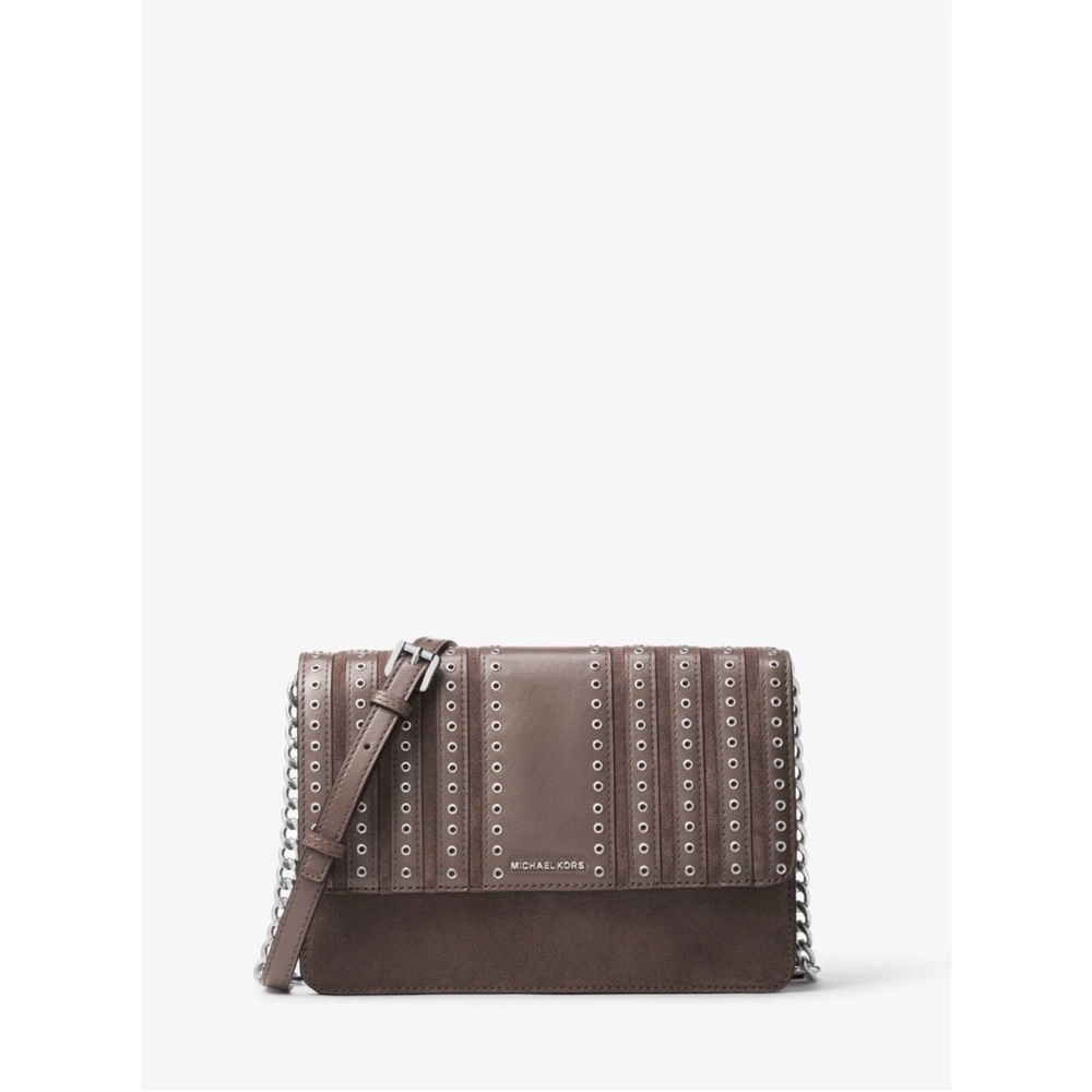 Michael Kors Taupe (Cinder) Leather & Suede Brooklyn Grommet Crossbody Bag